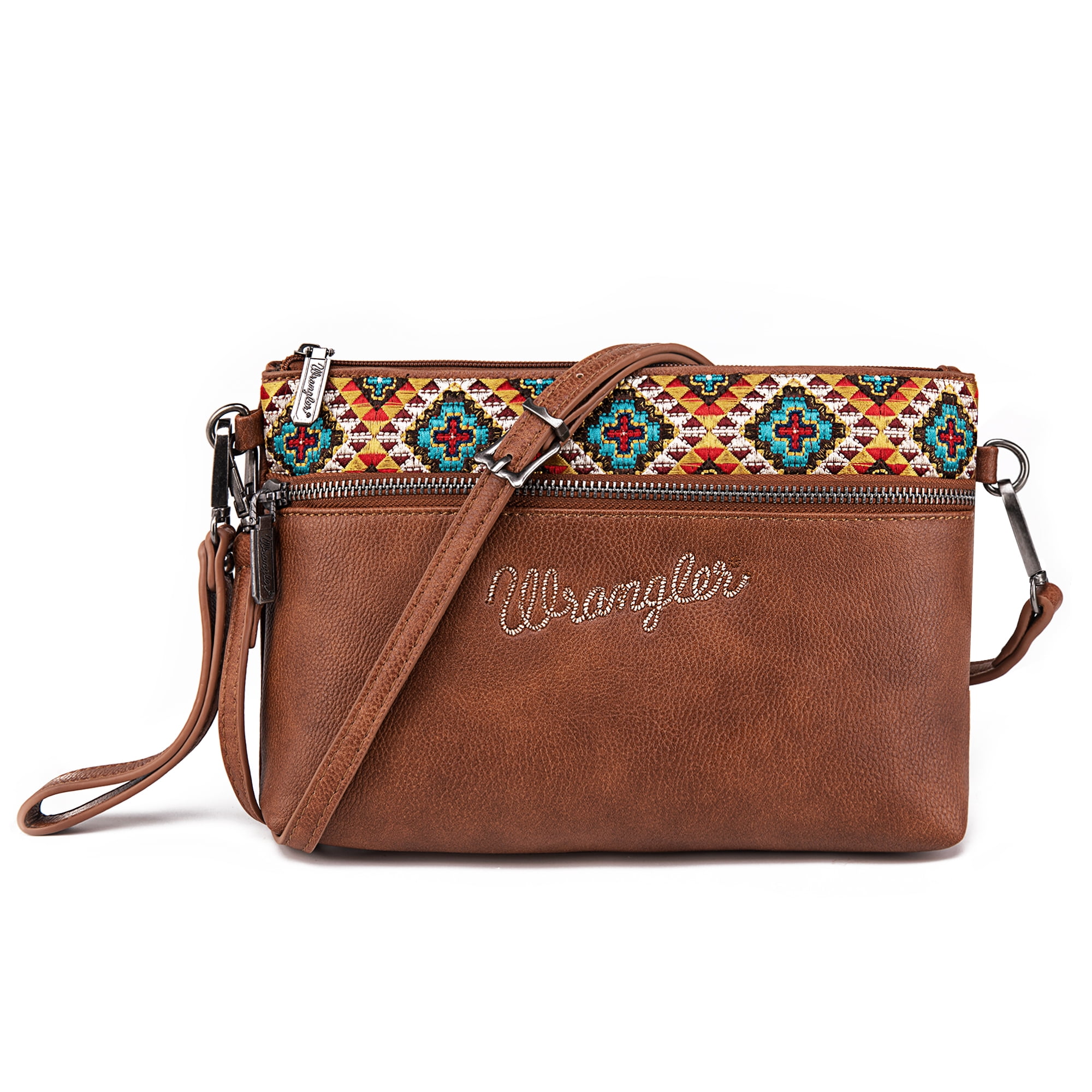 Wrangler Western Cowhide Crossbody Bags for Women Clutch Wristlet Purse, Embroidered-brown