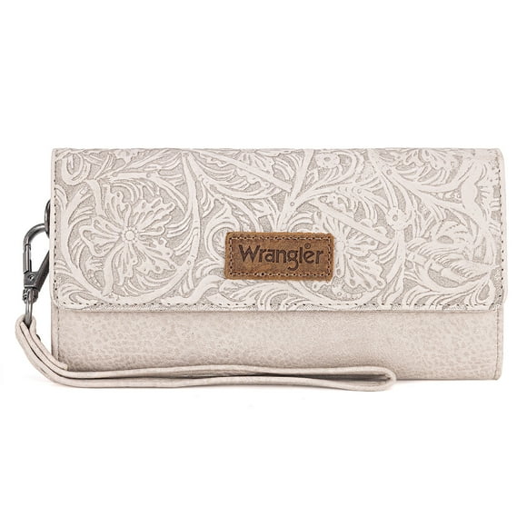 Wrangler Western Wallets for Women Trifold Wristlet Wallets Large Capacity Women Clutch Wallet with Coin Purse, Beige