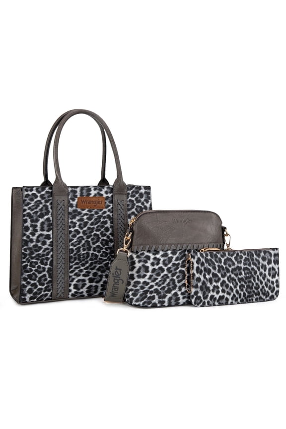 Wrangler 3Pcs Handbags Set Tote Bag & Medium Crossbody Purse & Wallet, Leopard-Gray