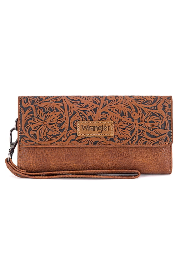 Wrangler Western Wallets for Women Trifold Wristlet Wallets Large Capacity Women Clutch Wallet with Coin Purse, Brown