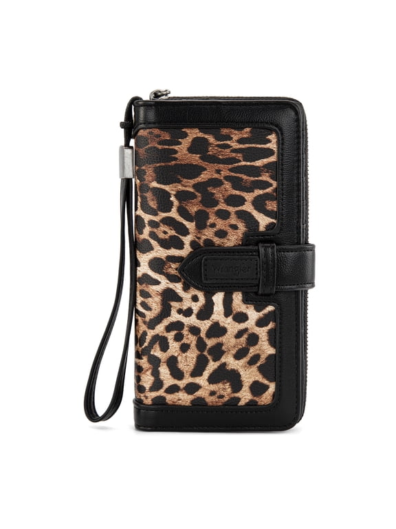 Wrangler Wristlet Wallet Women RFID Blocking Wallet, Card Cases & Money Organizers Large Capacity Bifold Clutch Wallets Ladies Female Card Cash Phone Wallets with ID Window, Lepard-Black