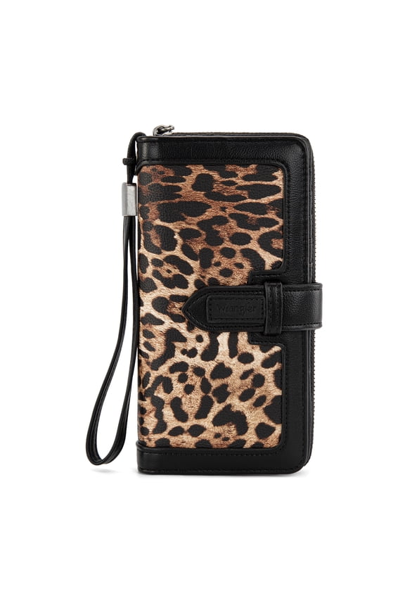 Wrangler Wristlet Wallet Women RFID Blocking Wallet, Card Cases & Money Organizers Large Capacity Bifold Clutch Wallets Ladies Female Card Cash Phone Wallets with ID Window, Lepard-Black