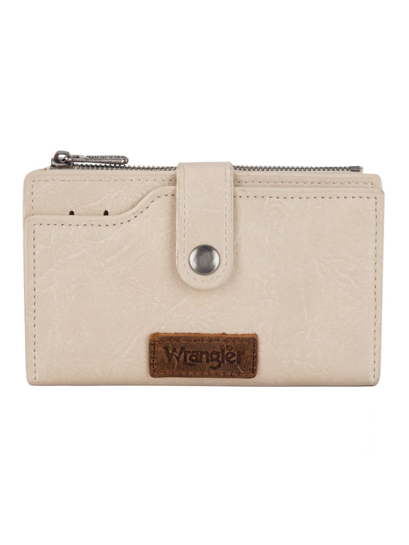 Wrangler Wallets for Women Slim Bifold Credit Card Holder with Zipper and ID Window, Tan