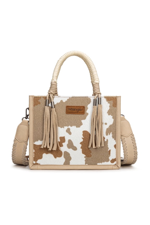 Wrangler Tote Bag Cow Print Western Satchel Bags for Women with Braided Rope Handle, Tan