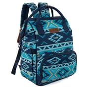 Wrangler Aztec Travel Backpack Baby Bag for Women with Stroller Strap and Side Bottle Pockets Organized Diaper Bag, Navy