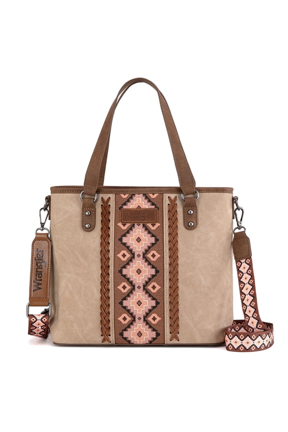 Wrangler Weatern Tote Bag for Women Medium Sized Aztec Handbags with Crossbody Strap, Khaki