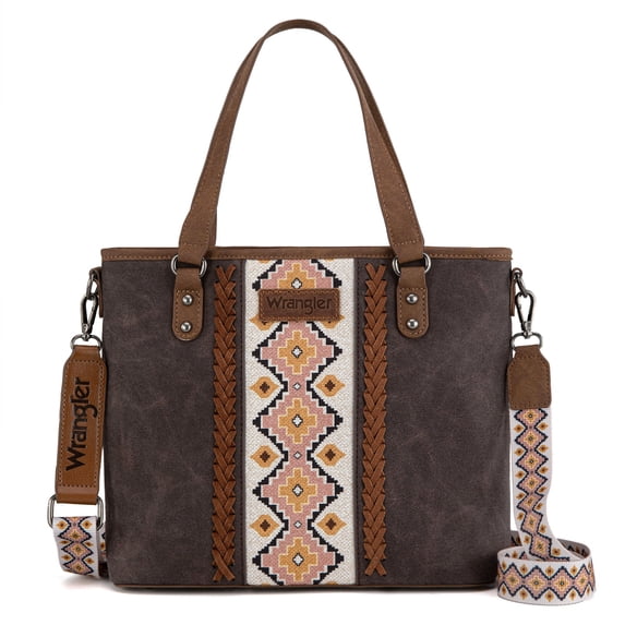 Wrangler Weatern Tote Bag for Women Medium Sized Aztec Handbags with Crossbody Strap, Coffee-white