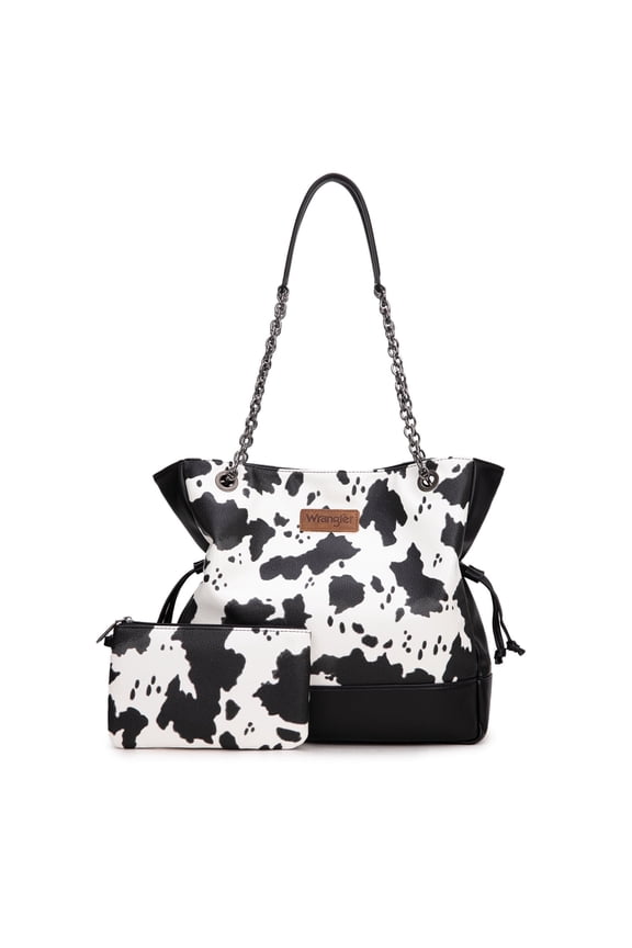 Wrangler Tote Bag for Women 2PCS Purses and Handbags Drawstring Shoulder Bag with Chain Straps, Cow-Black