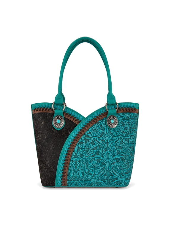 Tote Bag for Women Cowhide Hair-On Top Handle Satchel Fashion Shoulder Purse, Turquoise