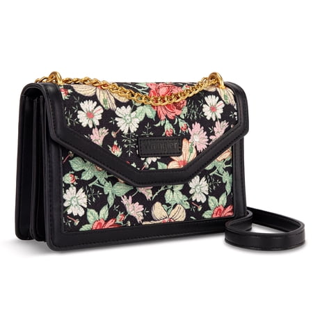 Montana West Wrangler Women's Flap Crossbody Purse, Vintage Floral Print Shoulder Bag with Chain Strap, Black