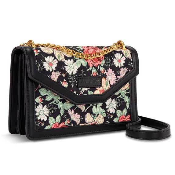 Wrangler Women's Flap Crossbody Purse, Vintage Floral Print Shoulder Bag with Chain Strap, Black