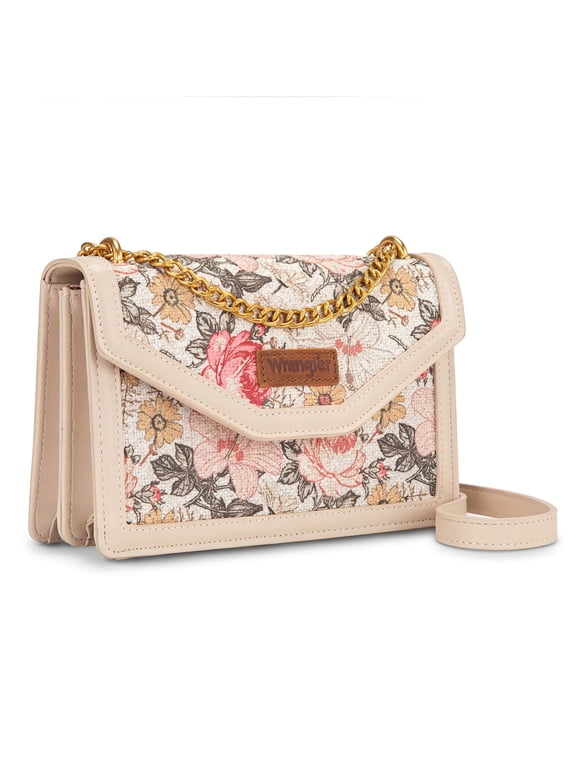 Wrangler Women's Flap Crossbody Purse, Vintage Floral Print Shoulder Bag with Chain Strap, Tan