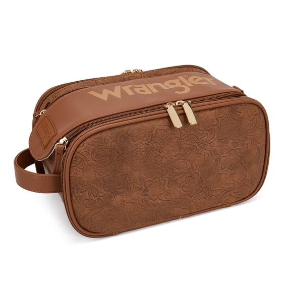 Wrangler Western Travel Makeup Bag Portable Large Cosmetic Organizer with Handle, Brown