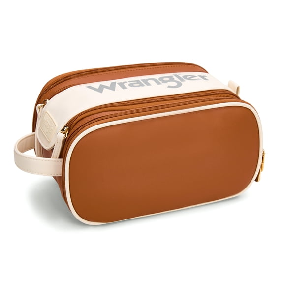 Wrangler Western Travel Makeup Bag Portable Large Cosmetic Organizer with Handle, Brown-Tan