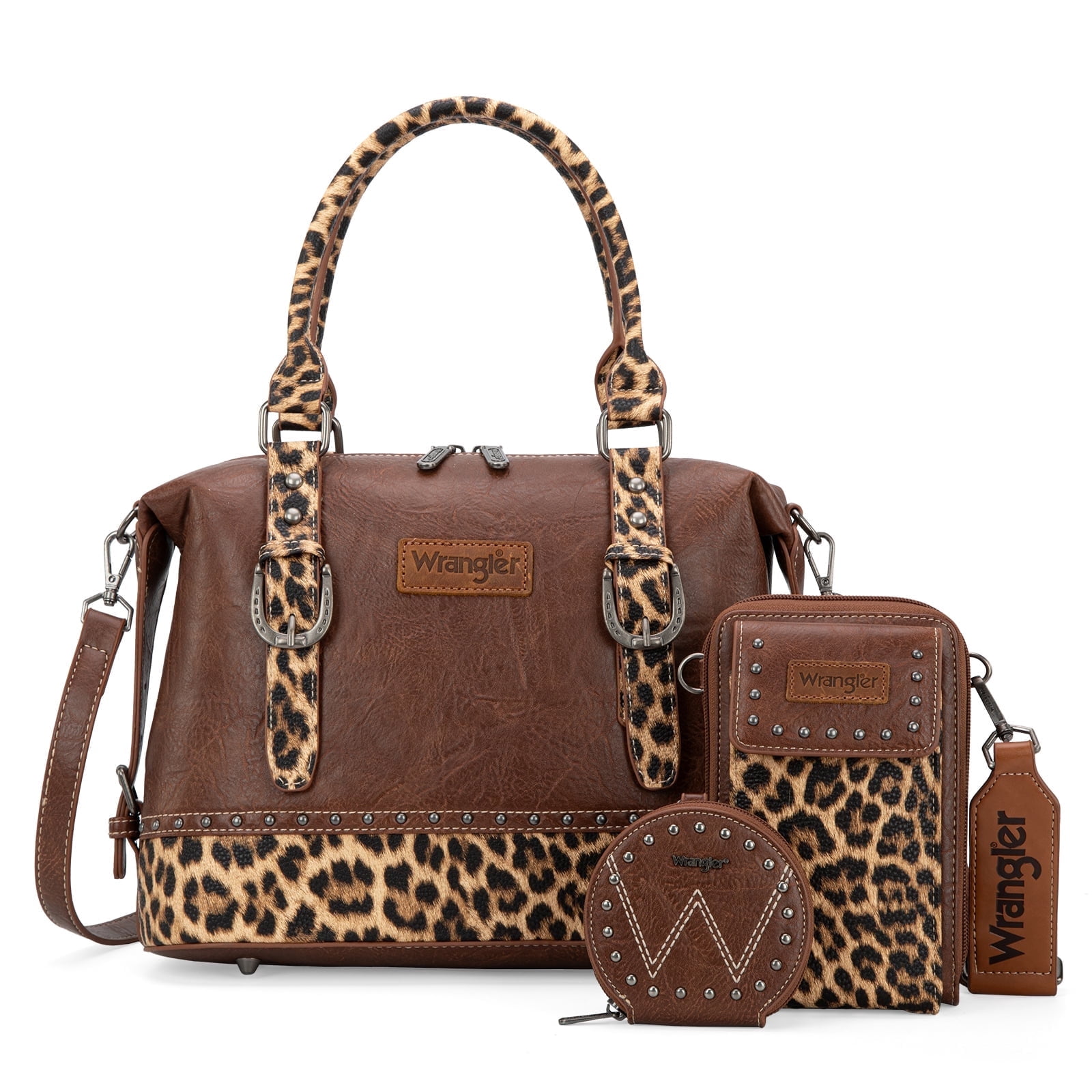 Wrangler 3Pcs Doctor Bag Sets for Women Top-Handle Satchel Bag with Cell Phone Handbags & Coin Purse, Leopard-Brown