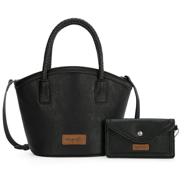 Wrangler Small Tote Bag for Women Distressed Shoulder Purse Woven Handle Tote Handbag with Small Clutch Wallet