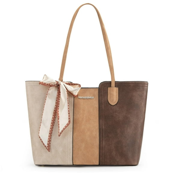 Montana West Tote Bags for Women Medium Top Handle Handbags with Scarf, Three Chocolate