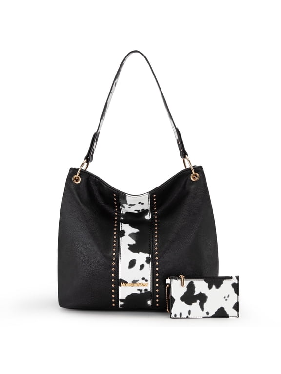 Purses for Women Hobo Shoulder Handbags with Zipper, Cow Print-Black