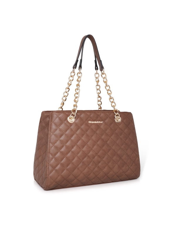 Medium Tote Bag for Women Quilted Chain Shoulder Purse, Brown