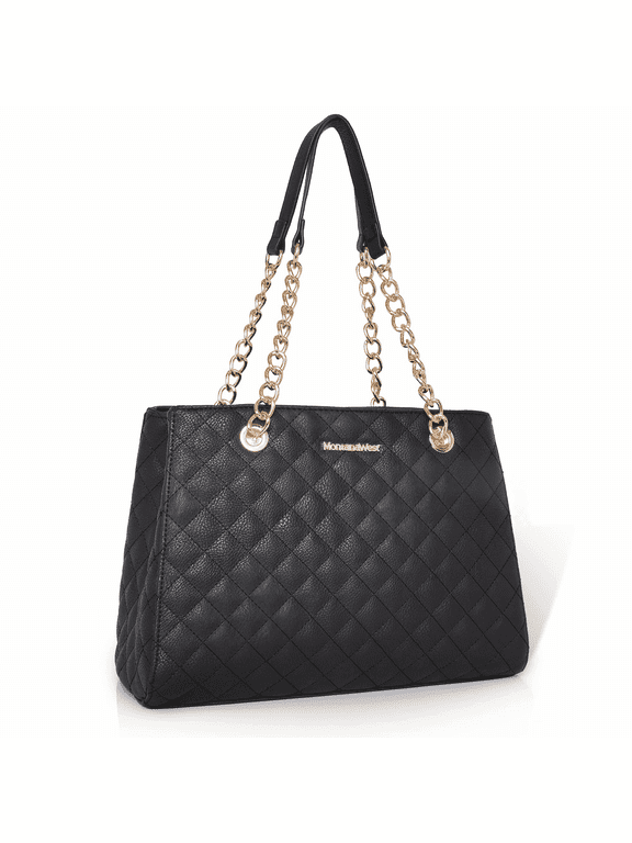 Medium Tote Bag for Women Quilted Chain Shoulder Purse, Black
