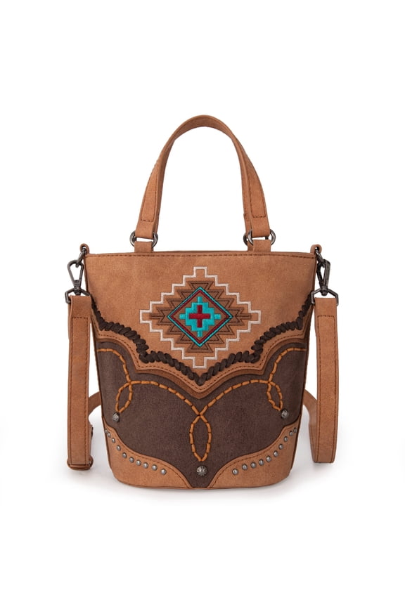 Bucket Crossbody Bag for Women Western Aztec Embroidered Purses, Brown