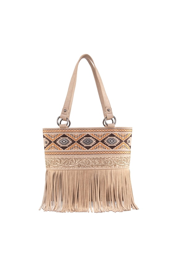 Western Fringe Tote Bag for Women Aztec Tooled Embroidery Shoulder Purse, Tan