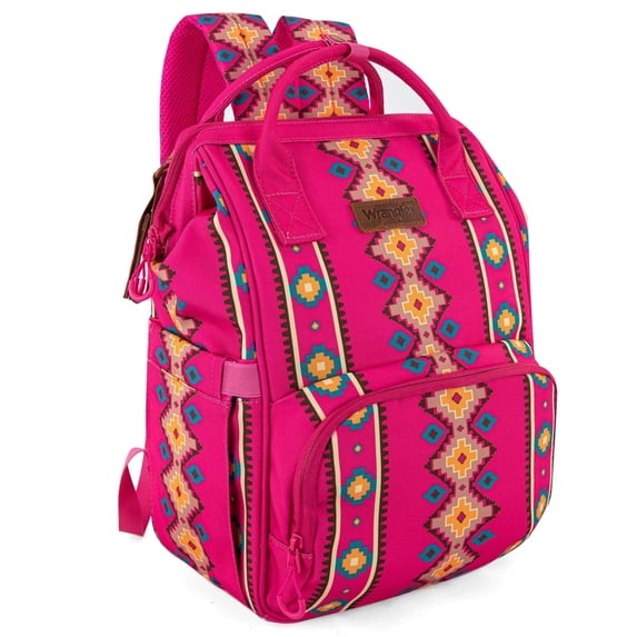 Wrangler Aztec Travel Backpack Baby Bag for Women with Stroller Strap and Side Bottle Pockets Organized Diaper Bag, Hot Pink