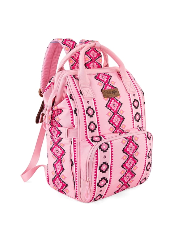 Wrangler Aztec Travel Backpack Baby Bag for Women with Stroller Strap and Side Bottle Pockets Organized Diaper Bag, Pink