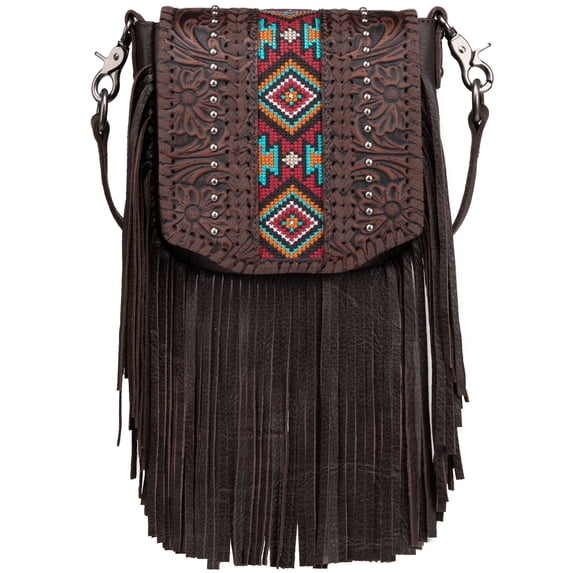 Montana West Small Genuine Leather Crossbody Purse for Women Western Fringe Tassel Bag with Floral Tooled Flap, Coffee-A
