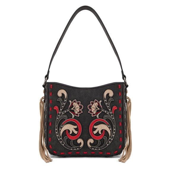 Montana West Shoulder Bag for Women Western Floral Embroidered Fringe Crossbody Hobo Purse, Black