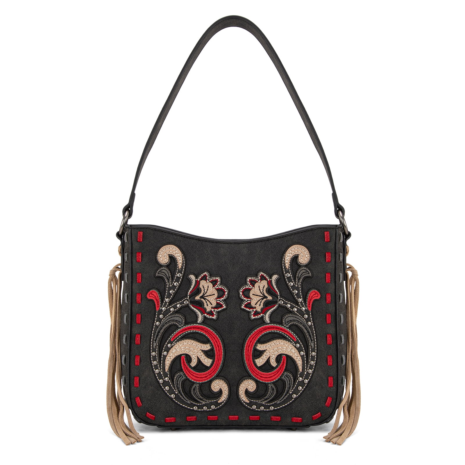Montana West Shoulder Bag for Women Western Floral Embroidered Fringe Crossbody Hobo Purse, Black