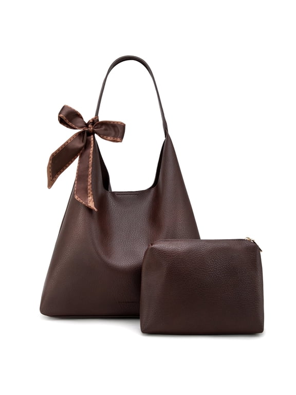 Slouchy Hobo Bag for Women Shoulder Purses and Handbags with Scarf, Coffee