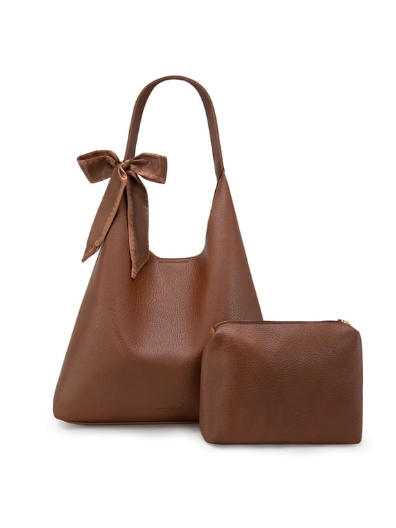 Slouchy Hobo Bag for Women Shoulder Purses and Handbags with Scarf, Dark Brown