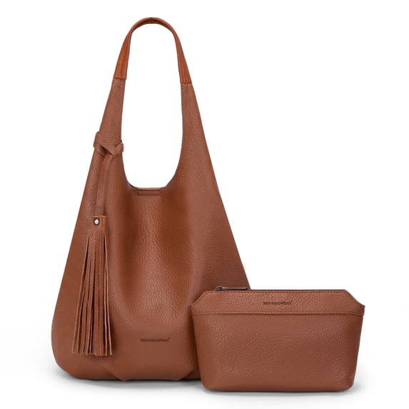 Montana West Slouchy Hobo Bags for Women 2PCS Tassels Handbags Shoulder Bag Set with Comestic Bag, Brown