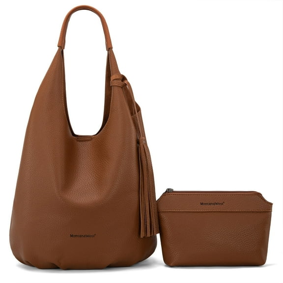 Montana West Slouchy Hobo Bags for Women 2PCS Tassels Handbags Shoulder Bag Set with Comestic Bag, Brown
