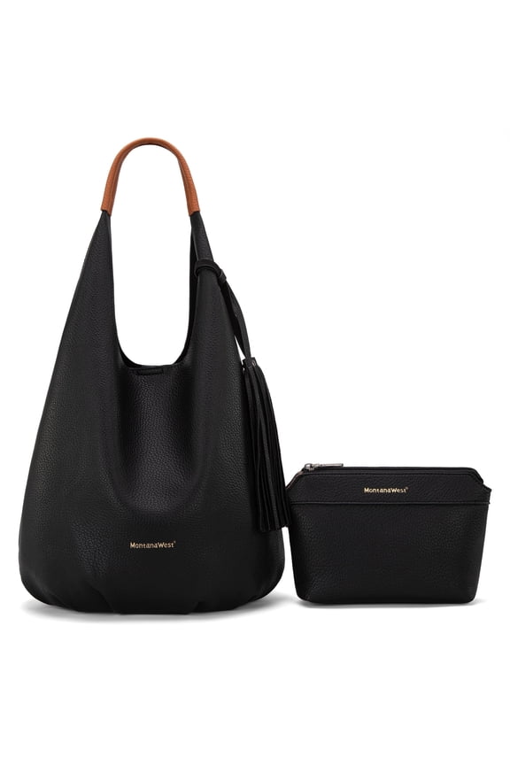 Slouchy Hobo Bags for Women 2PCS Tassels Handbags Shoulder Bag Set with Comestic Bag, Black