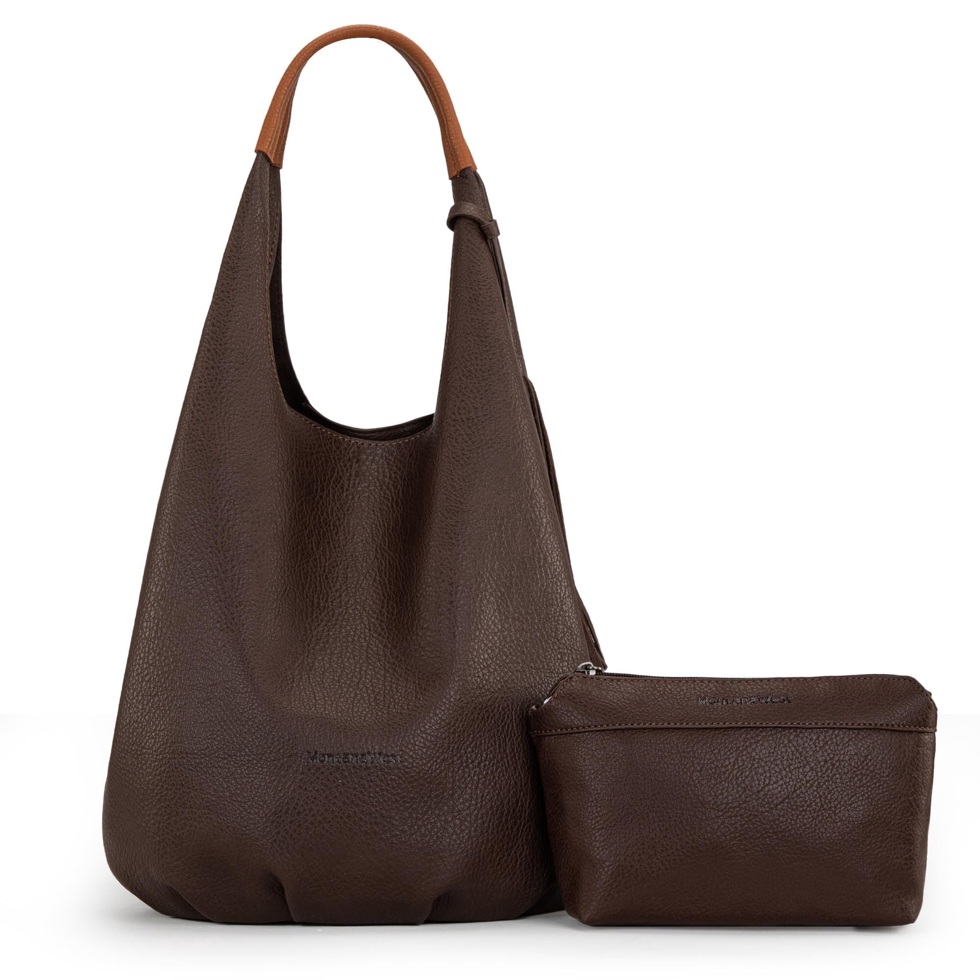 Montana West Slouchy Hobo Bags for Women 2PCS Tassels Handbags Shoulder Bag Set with Comestic Bag, Coffee