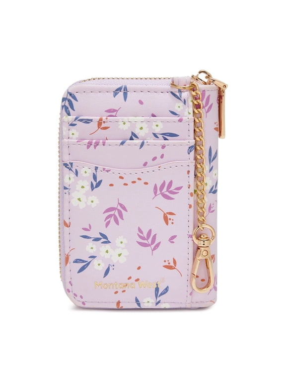 Small Wristlet Wallet for Women Western Floral Print Zipper Card Holder with Keychain, Purple