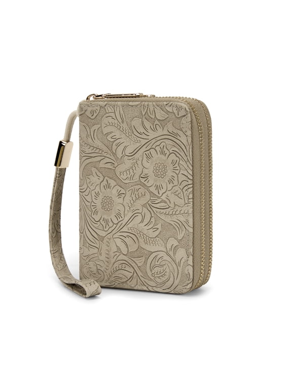 Small Wristlet Wallet for Women Western Vegan Leather RFID‑Blocking Card Purse, Beige-A