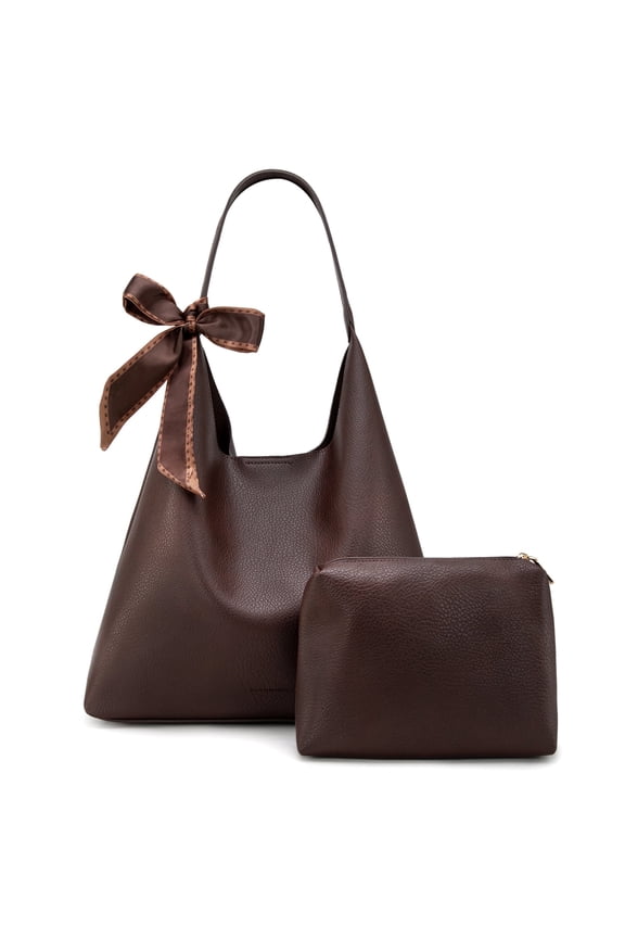 Slouchy Hobo Bag for Women Shoulder Purses and Handbags with Scarf, Coffee