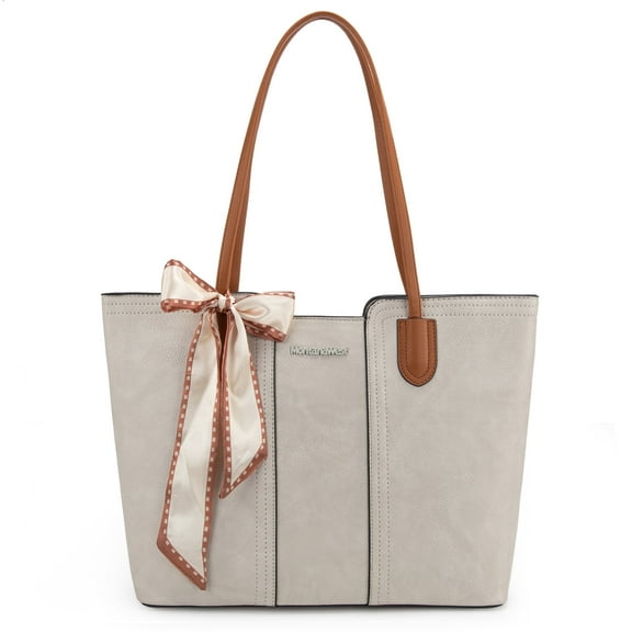 Montana West Tote Bags for Women Medium Top Handle Handbags with Scarf, Ivory Beige