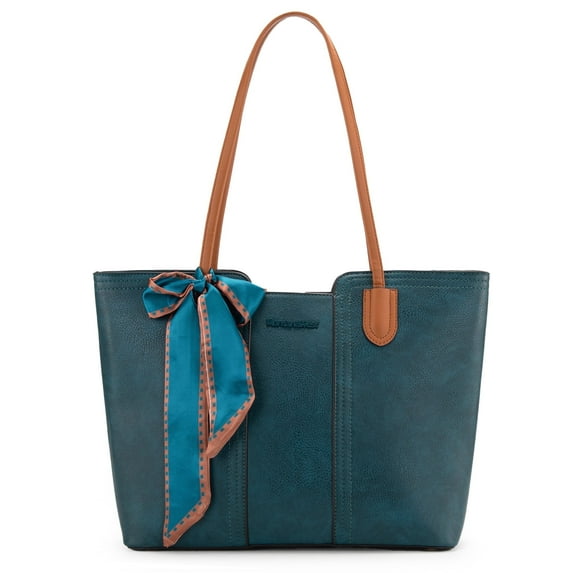 Montana West Tote Bags for Women Medium Top Handle Handbags with Scarf, Teal Blue