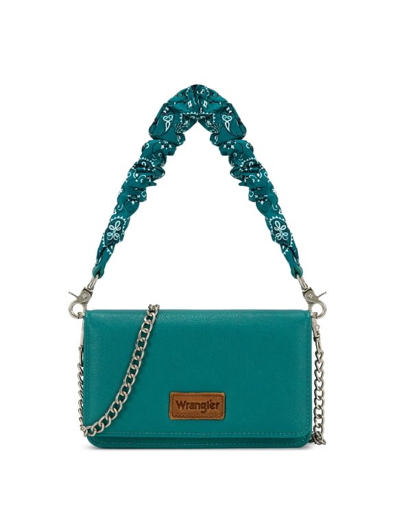 Wrangler Small Flap Crossbody Handbag Western Women Mini Purse with Ruched Paisley Strap & Chain Strap, Turquoise