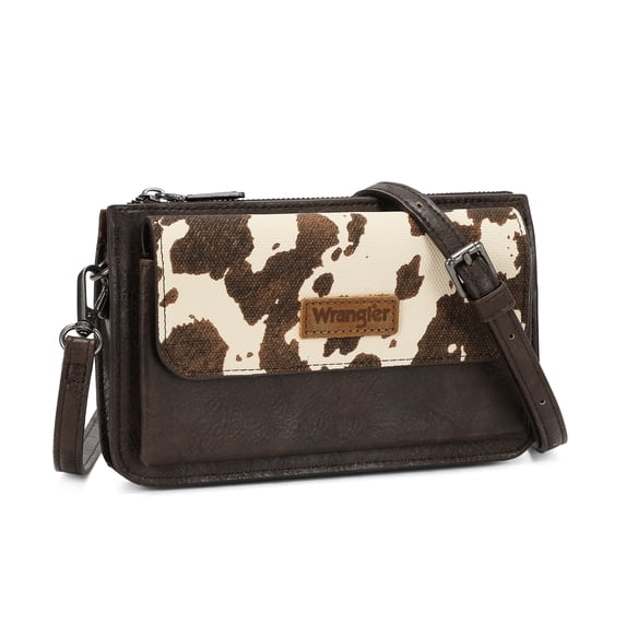 Wrangler RFID Crossbody Wallet Purse Vegan Leather Small Purses for Women with Phone Pocket and Adjustable Strap, Cow Print-Coffee