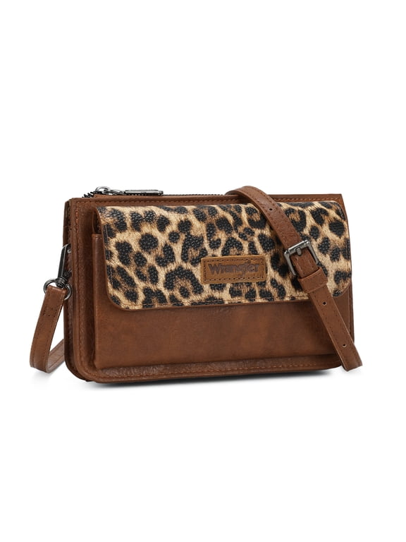 Wrangler RFID Crossbody Wallet Purse Vegan Leather Small Purses for Women with Phone Pocket and Adjustable Strap, Leopard Print-Brown