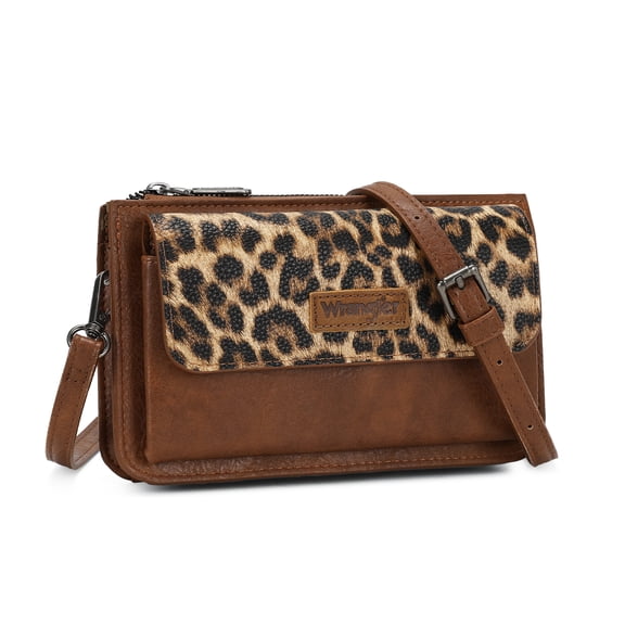Wrangler RFID Crossbody Wallet Purse Vegan Leather Small Purses for Women with Phone Pocket and Adjustable Strap, Leopard Print-Brown