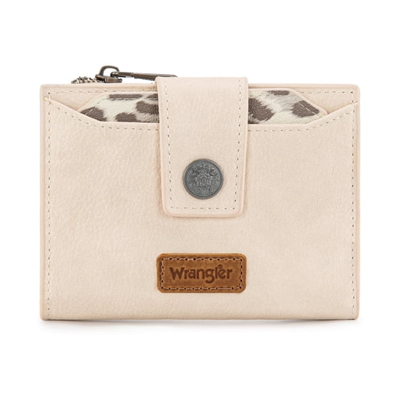 Wrangler Purse Wallets for Women Bifold RFID Blocking Leopard Print Wallet with Removable ID Window Zipper Pocket, Beige