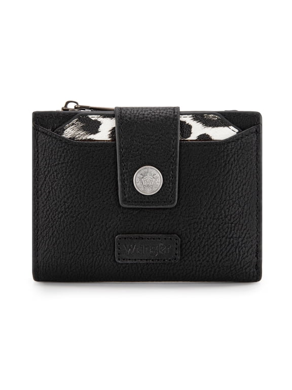 Wrangler Purse Wallets for Women Bifold RFID Blocking Leopard Print Wallet with Removable ID Window Zipper Pocket, Black
