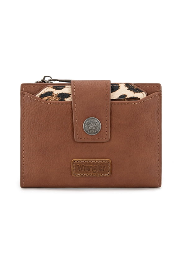 Wrangler Purse Wallets for Women Bifold RFID Blocking Leopard Print Wallet with Removable ID Window Zipper Pocket, Brown