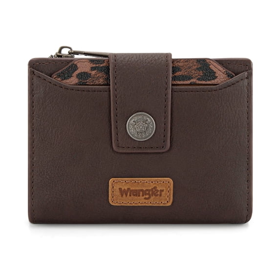 Wrangler Purse Wallets for Women Bifold RFID Blocking Leopard Print Wallet with Removable ID Window Zipper Pocket, Coffee